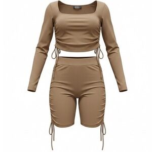 Set 2Piece Tan Ruched Crop Top Biker Shorts Sz XS-S Zara